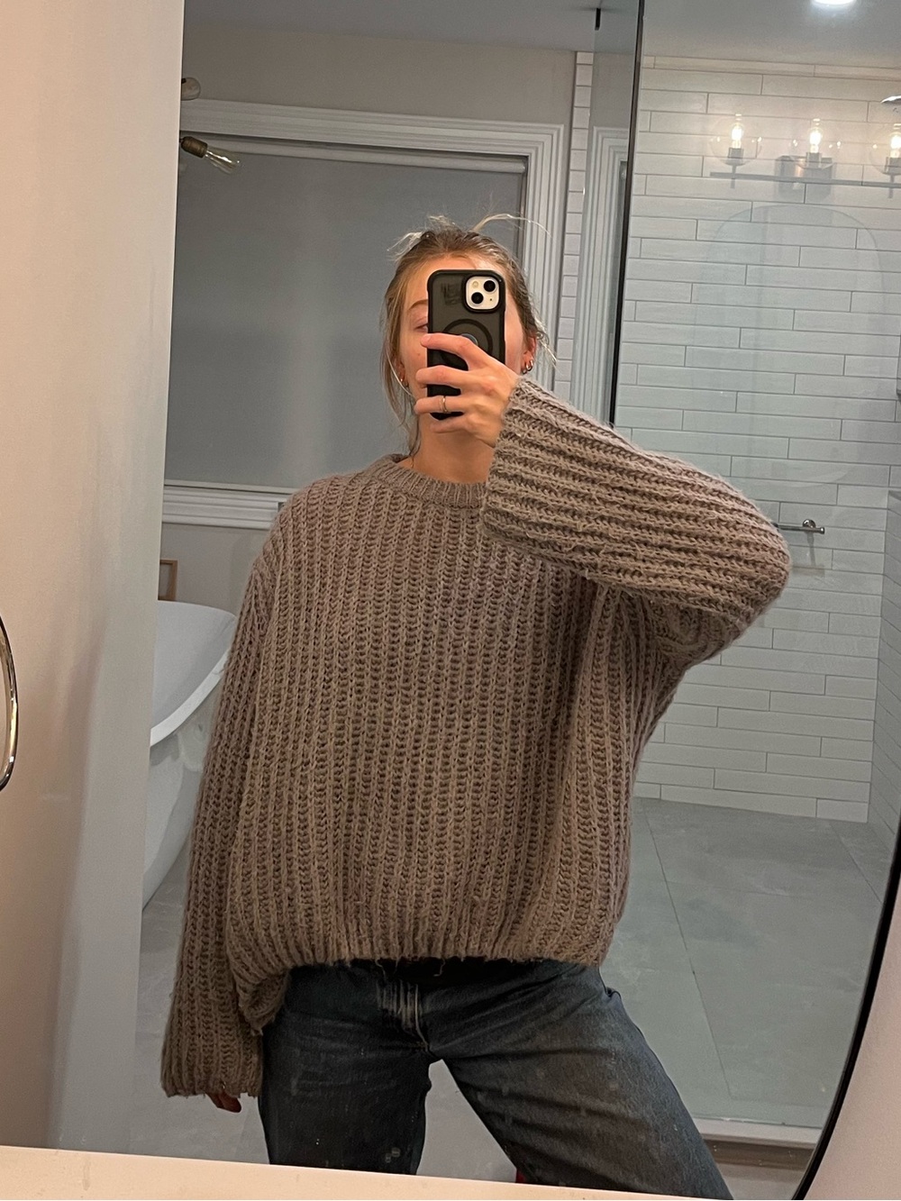 Relaxed Ribbed Crewneck Sweater in Taupe